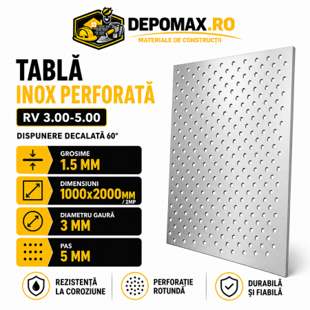 Tabla inox perforata AISI 304 RV 3.00-5.00, 1.5 x 1000 x 2000 mm, 2 mp